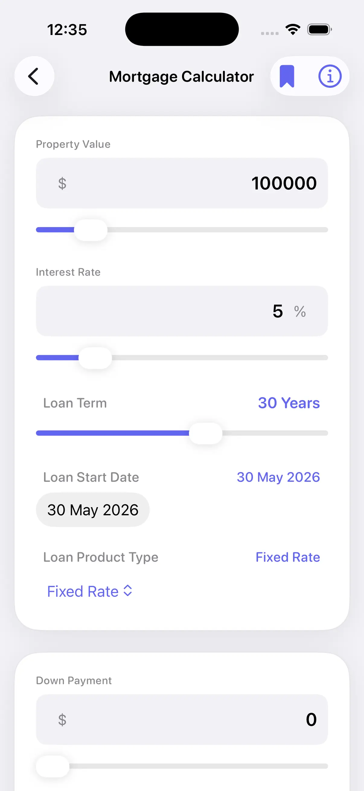 Loan Calculator instant payment calculation screen