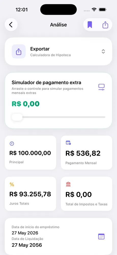 Tela de análise de empréstimo Loan Calculator Pro no iPhone