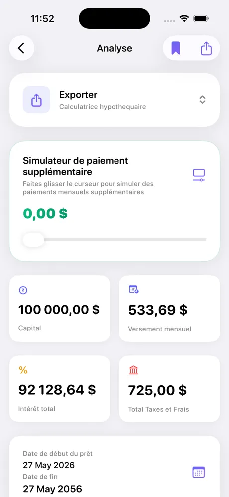 Ecran d'analyse de pret Loan Calculator Pro sur iPhone