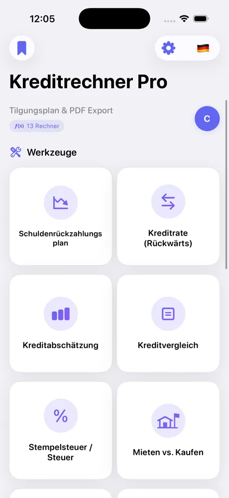 Loan Calculator Pro Rechnerübersicht auf dem iPhone