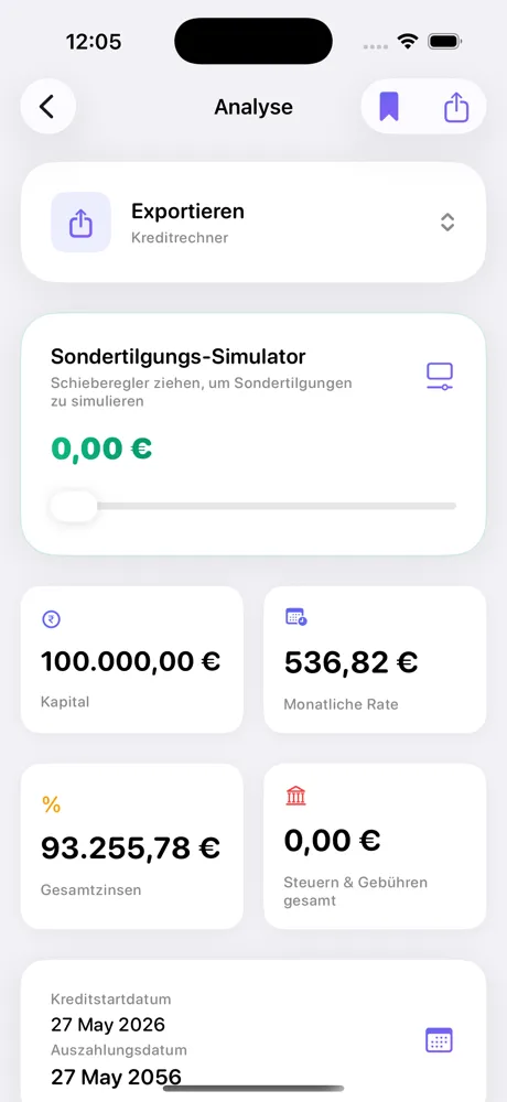 Loan Calculator Pro Analyse und Tilgungsplan auf dem iPhone